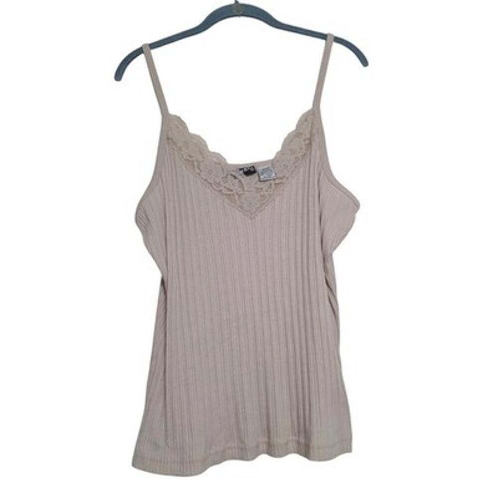 Vtg Fashion Bug Lace Trim Cami Tank Womens 18/20 2X Ribbed Beige Babydoll Boho